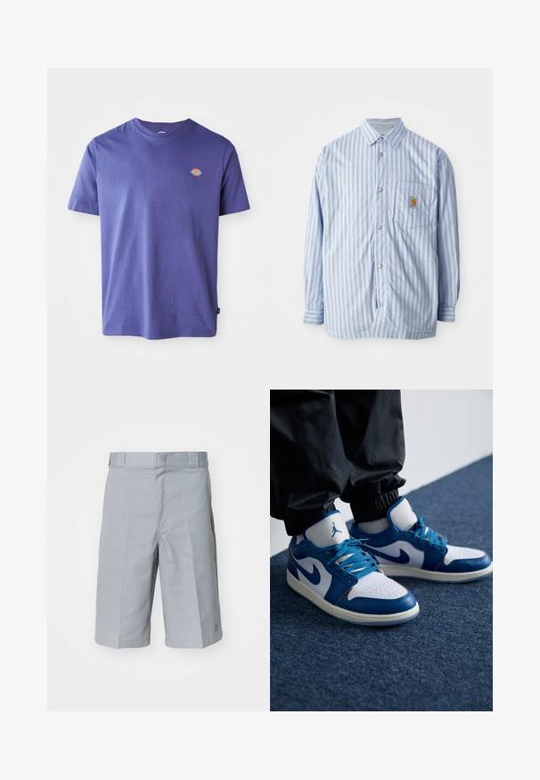 Camisa de botones a rayas en azul claro y blanco con acentos rojos. Tiene un bolsillo en el pecho y mangas largas. Está hecha de una tela suave.; Camiseta de algodón morada con cuello redondo y mangas cortas. Presenta un pequeño logo en el pecho. Textura suave, ajuste casual.; Pantalones cortos de color gris claro fabricados con un tejido resistente, con un corte recto, una cinturilla con presillas para cinturón y un sutil detalle de pliegues.; Las zapatillas Nike Air Jordan cuentan con una base de cuero blanco con acentos sintéticos azules, una caja de dedos perforada y cordones azules.