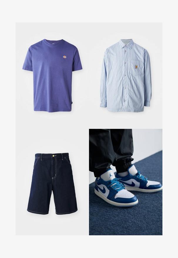 Gestreiftes Hemd in Hellblau und Weiß mit roten Akzenten. Verfügt über eine Brusttasche und lange Ärmel. Hergestellt aus einem glatten Stoff.; Lila Baumwoll-T-Shirt mit Rundhalsausschnitt und kurzen Ärmeln. Verfügt über ein kleines Logo auf der Brust. Glatte Textur, lässige Passform.; Dunkelblaue Denim-Shorts mit weißen Nähten, einem klassischen Schnitt, fünf Taschen und einem Frontknopfverschluss.; Die Nike Air Jordan Sneakers verfügen über eine weiße Lederbasis mit blauen synthetischen Akzenten, einer perforierten Zehenbox und blauen Schnürsenkeln.