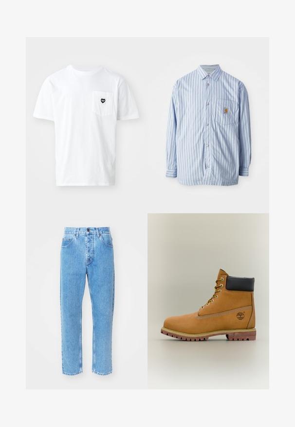 Camisa de botones a rayas en azul claro y blanco con acentos rojos. Tiene un bolsillo en el pecho y mangas largas. Está hecha de una tela suave.; Camiseta blanca de algodón con cuello redondo y mangas cortas, que presenta un pequeño logo de bolsillo en forma de corazón negro. Diseño sencillo, corte estándar.; Los vaqueros de mezclilla azul claro presentan un diseño de pierna recta, cinco bolsillos y un clásico cierre de botón en la cintura.; Bota de tobillo de cuero marrón con cuello negro, cordones amarillos y suela beige. Presenta un logotipo y detalles de costura blanca. Suela exterior con tracción robusta.