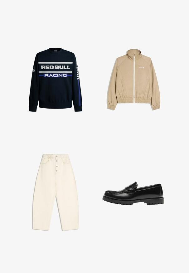 Beige Reißverschlussjacke mit elastischen Bündchen und Bund, zwei Seitentaschen und kleinem weißem Logo auf der linken Brust.; Marineblaues Sweatshirt mit dem Text "RED BULL" und "RACING" in Weiß und Lila. Verfügt über einfarbige Ärmel und gerippte Bündchen, hergestellt aus weichem Strickmaterial.; Hohe, weit geschnittene, cremefarbene Hosen mit Knopfverschluss vorne sowie seitlichen und hinteren Taschen vor weißem Hintergrund.; Schwarzer Leder-Slipper mit dicker Gummisohle und klassischem Penny-Detail an der Riemen, von der Außenseite gezeigt.