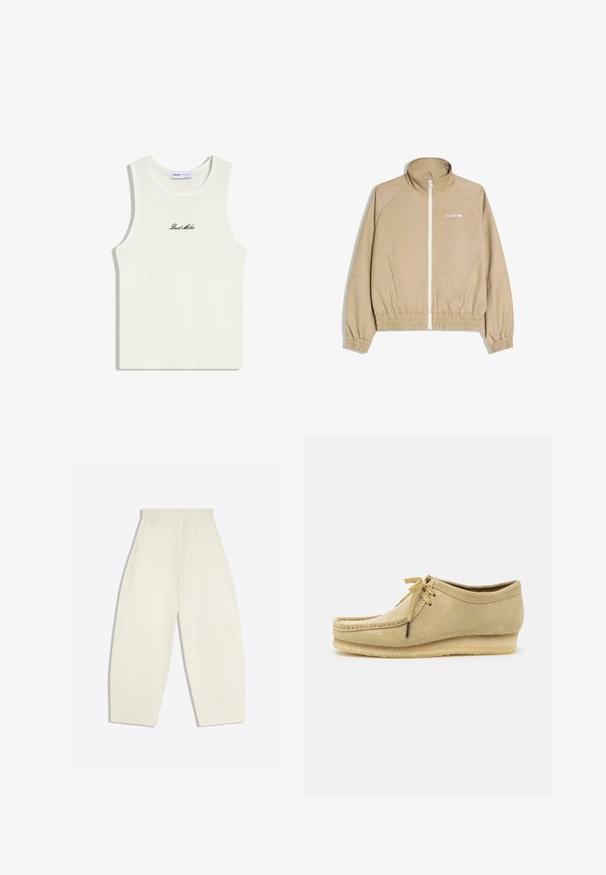 Veste beige zippée avec poignets et taille élastiques, deux poches latérales et petit logo blanc sur le côté gauche de la poitrine.; Haut blanc sans manches en côtes avec encolure ronde et texte cursif noir « Dust Miles » centré sur la poitrine.; Pantalon crème taille haute à jambes larges, avec poches arrière et passants de ceinture, présenté à plat sur un fond clair.; Chaussure en daim beige avec un design à lacets, des détails cousus et une semelle en caoutchouc. La forme est décontractée avec un léger talon compensé.