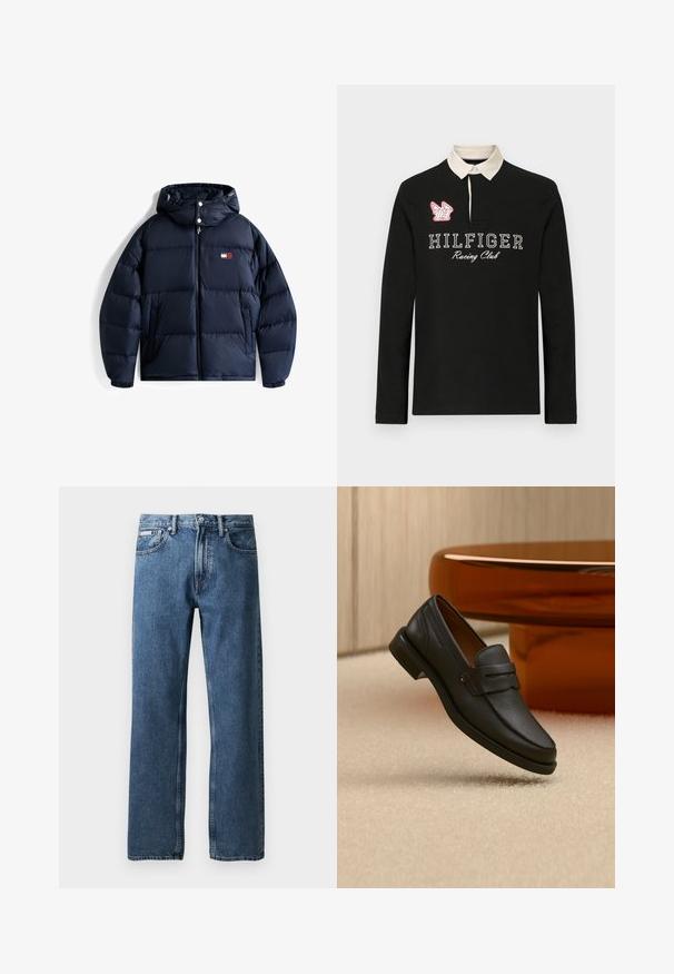 Mørkeblå polstret jakke med hætte, forreste lynlås, trykknapper, sidelommer og lille Tommy Jeans-logo på venstre bryst.; Sort langærmet polo-shirt med en beige krave, der har "HILFIGER Racing Club" i hvid skrift og et rødt broderet logo detaile.; Blå lige ben denim jeans med høj talje, knap- og lynlås lukning, forvaskede lommer og et lille hvidt mærke på den højre lomme.; Sort læder herreloafer med bånd tværs over toppen, vist på beige tæppe nær et brunt moderne rundt bord.