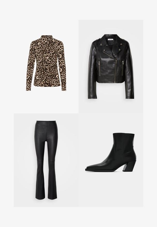Zwarte leren motorjack met zilverkleurige hardware, asymmetrische ritsluiting en twee frontale ritszakken. Voorzien van brede revers en schouderdetails.; Langsleeve top met een hoge kraag, luipaardprint in bruine en beige tinten, met geplooide details aan de voorkant voor vormgeving.; Zwarte flared broeken van glad, faux leer met een hoge tailleband en stiksel details boven de knie.; Zwarte leren enkelboot met een spitse neus, een slanke silhoeet en een chunky vierkante hak. Gladde textuur met minimale stikdetails.