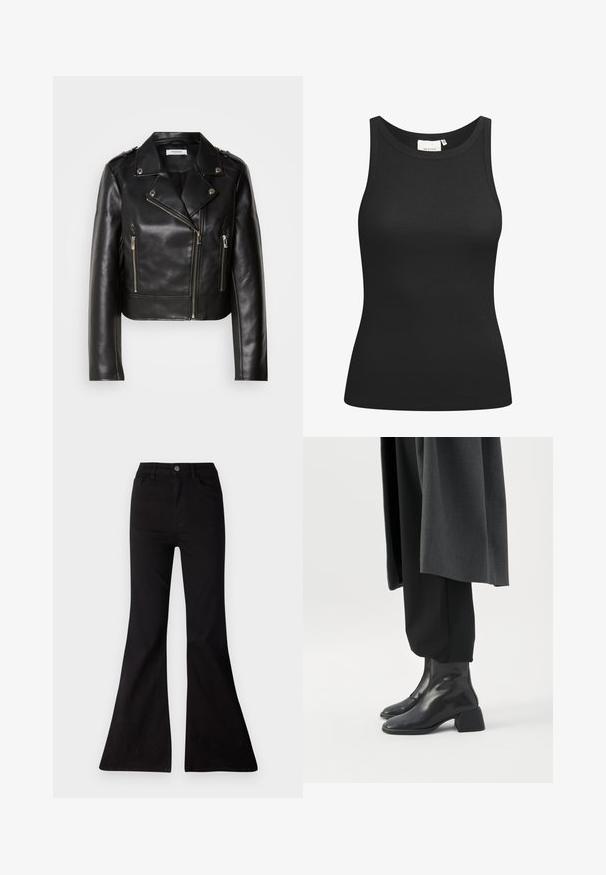 Schwarze Lederbikerjacke mit silbernen Beschlägen, asymmetrischem Reißverschluss und zwei vorderen Reißverschlusstaschen. Mit breiten Revers und Schulterdetails.; Schwarzes Tanktop aus Rippstoff mit Rundhalsausschnitt und figurbetonter Passform. Flache Nähte und keine Verzierungen. Einfaches und elegantes Design.; Schwarze weite Jeans aus Denim, mit hoher Taille, Fronttaschen und einer großen Öffnung am Hosenbund für eineweite Beinform.; Schwarze Leder-Stiefeletten mit niedrigen Blockabsätzen, getragen zu schwarzen Hosen und einem dunkelgrauen langen Mantel.