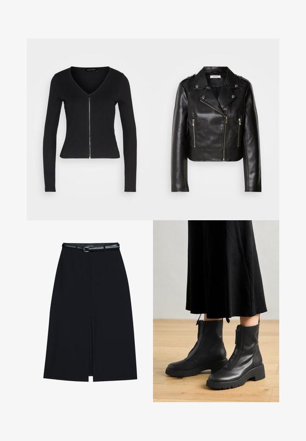 Veste en cuir noir de motard avec garnitures en argent, fermeture zippée asymétrique et deux poches zippées à l'avant. Présente des revers larges et des détails aux épaules.; Haut noir à manches longues à côtes, avec un col en V et une fermeture éclair à l'avant. Présente un design ajusté et une texture douce.; Jupe noire à mi-cuisse avec une fente frontale, fabriquée en tissu lisse. Comprend une fine ceinture noire avec une boucle en argent et des passants.; Bottines en cuir noir avec une semelle plateforme épaisse et une fermeture éclair à l'avant. Texture lisse avec un design minimaliste.