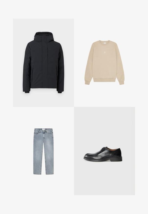 Zwarte geïsoleerde winterjas met capuchon, ritsafsluiting aan de voorkant, twee zijzakken en elastische manchet, met een strakke, minimalistische ontwerpsstijl.; Beige sweatshirt van zacht materiaal met een ronde hals, lange mouwen en een kleine witte "II" grafiek in het midden van de borst.; Lichtblauwe denim jeans met een rechte snit, vijf zakken, knoopsluiting, subtiele vervaging en gestikte details langs de zakken.; Zwarte leren dresschoenen met een ronde neus, een gladde afwerking, veters en een lage, gestructureerde rubberen zool. Strakke lijnen en een minimalistisch ontwerp.