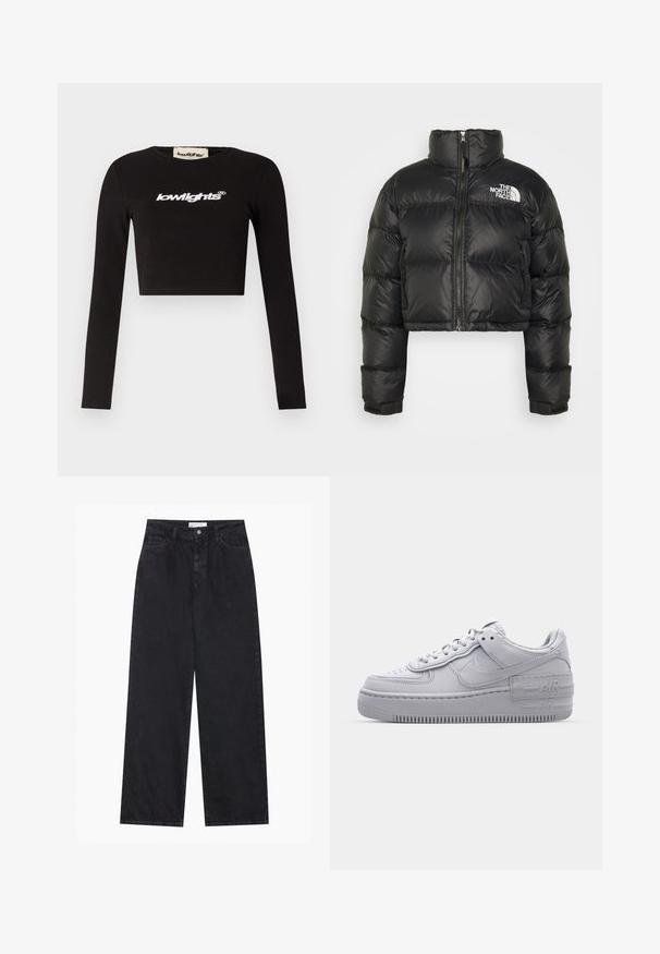 Veste en duvet noire courte avec un col haut, fermeture éclair à l'avant et logo blanc sur la poitrine. Elle comporte des sections rembourrées et des poignets élastiques.; T-shirt noir à manches longues cropped en coton. Présente un col rond et le logo "lowlights" en blanc sur la poitrine.; Jeans en denim noirs taille haute à jambes larges avec fermeture à bouton et zip à l'avant, passants de ceinture et style à cinq poches.; Basket en cuir lisse gris Nike Air Force 1 avec un bout perforé, une semelle épaisse et un détail 'AIR' en relief sur le talon.