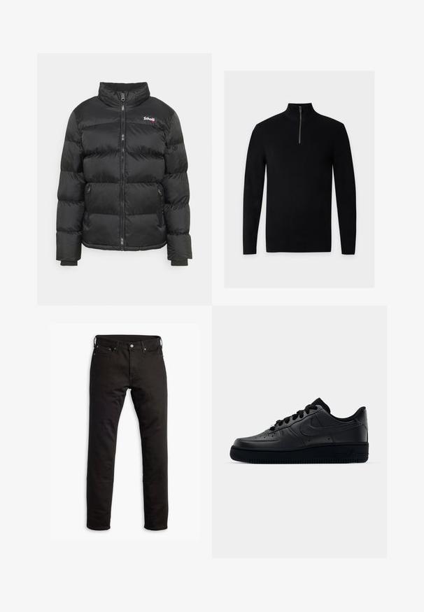 Schott IDAHO - Veste d'hiver - black; Pull noir côtelé à manches longues avec un col montant à fermeture éclair partielle, présenté à plat sur un fond uni.; Jeans en denim noir avec une coupe droite, des poches avant et une fermeture à bouton. Le tissu a une texture lisse et un minimum de détails.; Baskets Nike Air Force 1 noires avec un dessus en cuir lisse, bout perforé pour la respirabilité, lacets noirs et semelle en caoutchouc texturé.