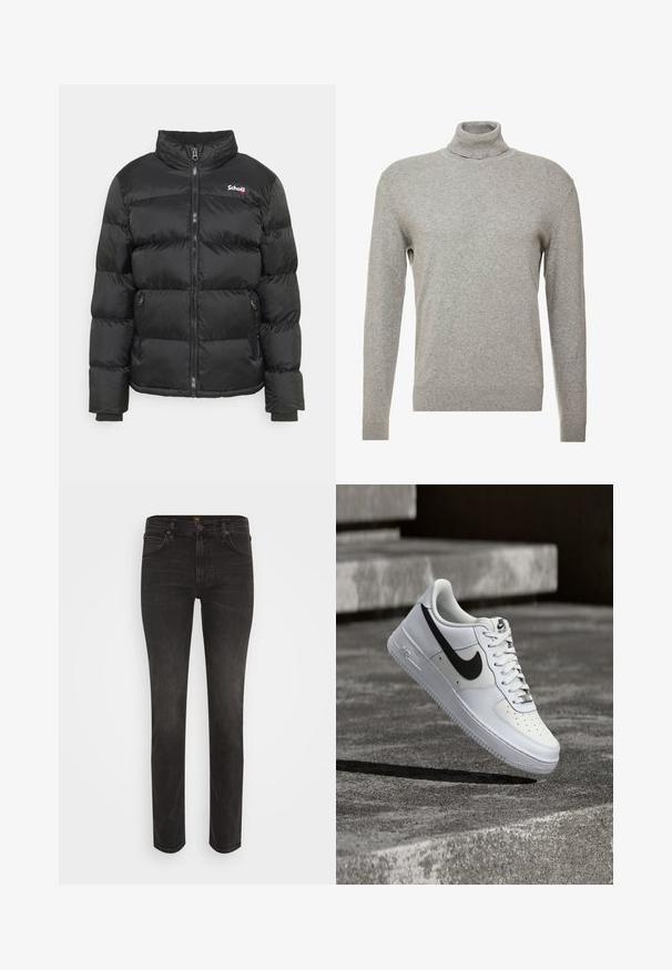 Schott IDAHO - Vinterjakker - black; Grå pullovertrøje med høj hals og lange ærmer. Fremstillet af et glat, blødt materiale med et tætsiddende design og ribbede detaljer ved kanten.; Slim-fit sorte denim jeans med fem lommer, bæltestropper, knaplukning og subtil forvitring på lår og knæ.; Hvid Nike Air Force 1-sneaker med sort swoosh, snørebånd bundet, placeret i luften over tekstureret betonoverflade udendørs.