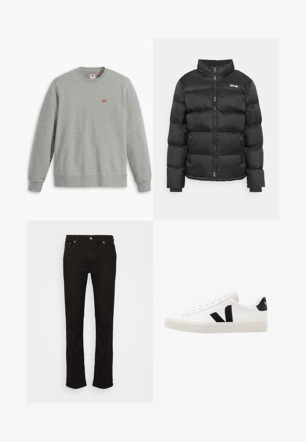 Schott IDAHO - Veste d'hiver - black; Sweatshirt gris en tissu doux. Présente un col rond et des manches longues. Affiche un petit logo rouge Levi's sur la poitrine.; Jean en denim noir avec une coupe droite, présentant un design classique à cinq poches, une fermeture à bouton en métal et des détails de couture subtils.; Sneaker blanche en cuir avec des accents en daim noir ; dispose d'une semelle en caoutchouc, d'un bout rond et d'un design classique à lacets. Logo latéral en noir.
