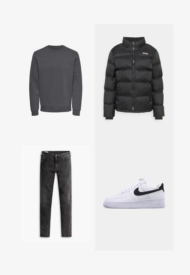 Schott IDAHO - Winterjacke - black; Grauer Pullover aus weichem Stoff mit Rundhalsausschnitt, langen Ärmeln sowie gerippten Bündchen und Saum für eine enge Passform. Keine Muster oder Logos.; Schwarze, ausgewaschene Slim-Fit-Jeans mit vorderen Taschen, Gürtelschlaufen und Knopfverschluss, flach auf weißem Hintergrund liegend.; Weißes Leder-Sneaker mit einem strukturierten schwarzen Swoosh, flachen Schnürsenkeln und einer Gummisohle mit genoppetem Muster. "AIR" ist auf der Ferse eingeprägt.