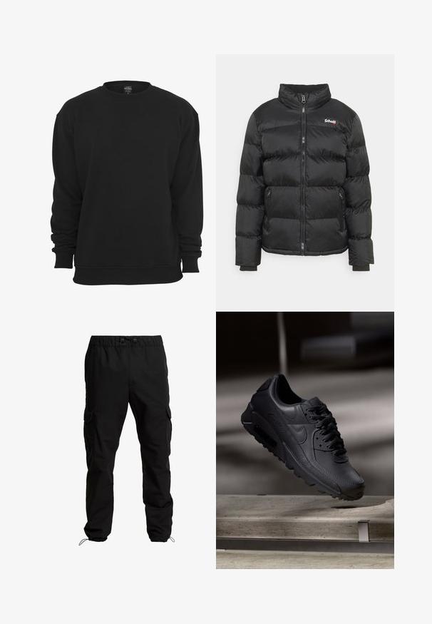 Schott IDAHO - Winterjas - black; Zwarte sweater met ronde hals en lange mouwen, gemaakt van een katoenmengsel. Voorzien van geribbelde manchetten en zoom, een zachte textuur en een losse pasvorm.; Zwarte cargobroek van duurzaam materiaal, met een elastische tailleband, verstelbare trekkoorden en zijzakken met kleppen.; Zwarte Nike Air Max sneakers met een bovenwerk van gestructureerd leer, rubberen zool en een opvallend vetersysteem, dat een strakke, moderne uitstraling heeft.