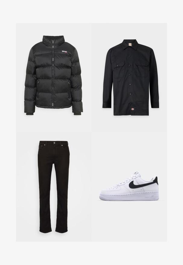 Schott IDAHO - Vinterjakker - black; Sort skjorte med lange ærmer og knapper, med to forlommer med klapper og et lille Dickies-logo tag nær den nederste kant.; Sorte denim jeans med lige ben, der har et klassisk fem-lomme design, metal knaplukning og diskrete syninger.; Hvide lædersneakers med en struktureret sort Swoosh, flade snørebånd og en gummisål med et rillemønster. "AIR" er præget på hælen.