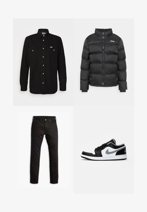 Schott IDAHO - Zimná bunda - black; Čierna košeľa na gombíky s špicatým golierom, dvoma náprsníkmi, bielymi patentkami a textúrovanou látkou. Logo Wrangler na ľavej strane hrudníka.; Čierne džínsové nohavice so strižným dizajnom, prednými vreckami a zapínaním na gombík. Tkanina má hladkú textúru a minimálne detaily.; Jordan AIR JORDAN 1 - Tenisky - black/particle grey-white