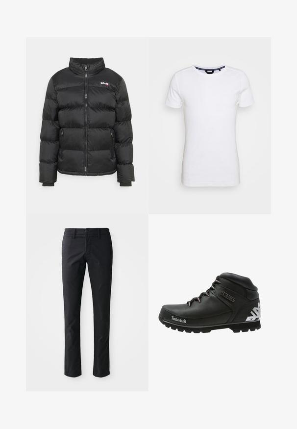 Schott IDAHO - Winterjas - black; Lindbergh T-shirt basic - white; Zwarte rechte broek gemaakt van gladde stof met een enkele knoopsluiting en riemlussen. Minimalistisch ontwerp zonder zichtbare patronen.; Zwarte wandelschoenen met een gestructureerd leren bovenwerk, rubberen zolen en metalen oogjes. Opvallend wit geometrisch ontwerp op de hiel. Timberland-logo zichtbaar.