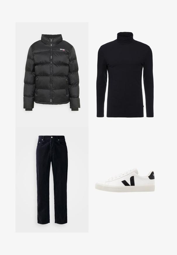 Schott IDAHO - Winterjacke - black; Schwarzes Langarm-Turtleneck-Shirt aus weichem, dehnbaren Stoff. Verfügt über ein tailliertes Design und eine glatte Textur. Keine sichtbaren Muster oder Akzente.; Marineblaues Cordhosen mit geradem Schnitt, fünf Taschen und Knopfverschluss. Verfügt über vertikalen, gerippten Stoff und metallische Akzentuierungen.; Weiße Leder-Sneaker mit schwarzen Wildlederelementen; verfügen über eine Gummisohle, eine runde Spitze und ein klassisches Schnürdesign. Seitliches Logo in Schwarz.