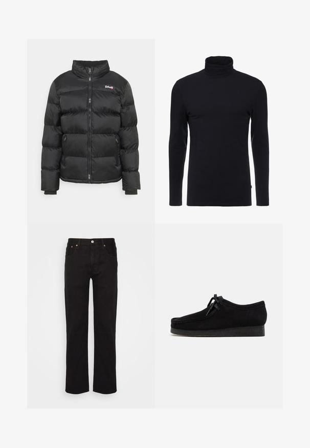 Schott IDAHO - Veste d'hiver - black; T-shirt noir à manches longues et col roulé en tissu doux et extensible. Présente un design ajusté et une texture lisse. Aucun motif ni accent visible.; Jean noir à jambe droite en coton. Il possède cinq poches, un bouton en métal et des coutures orange accentuées à l'avant.; Chaussures en daim noir avec un design à bout arrondi, un laçage à l'avant et une semelle en caoutchouc noir texturé. Tige lisse avec de subtils détails de couture.