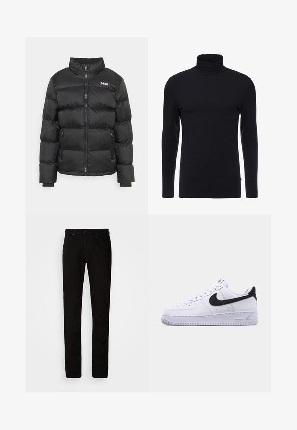 Schott IDAHO - Winterjacke - black; Schwarzes Langarm-Turtleneck-Shirt aus weichem, dehnbaren Stoff. Verfügt über ein tailliertes Design und eine glatte Textur. Keine sichtbaren Muster oder Akzente.; Schwarze Baumwollchinos mit schmaler Passform, Knopfverschluss und Fünf-Taschen-Design. Mit Gürtelschlaufen und glatter, einheitlicher Textur.; Weißes Leder-Sneaker mit einem strukturierten schwarzen Swoosh, flachen Schnürsenkeln und einer Gummisohle mit genoppetem Muster. "AIR" ist auf der Ferse eingeprägt.