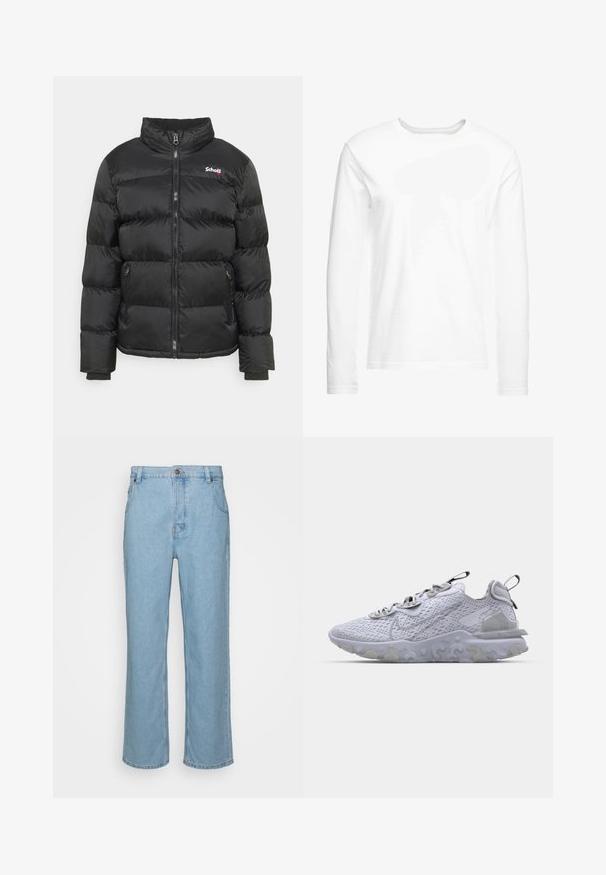 Schott IDAHO - Winter jacket - black; Long-sleeve white t-shirt made of soft cotton. Crew neckline with straight cut hems and no visible patterns or graphics.; Light blue denim jeans with a straight leg design, featuring a button closure, belt loops, and two front pockets.; Light gray athletic shoe with a breathable mesh upper, textured rubber sole, and reflective accents. Features a cushioned collar and lace-up design.