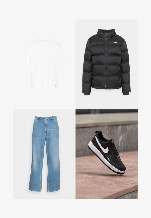 Schott IDAHO - Chaqueta de invierno - black; Camiseta blanca de manga corta en una suave mezcla de algodón. Presenta un cuello redondo y un logotipo sutil en el dobladillo inferior. Corte recto y ajuste relajado.; Vaqueros de pierna ancha de color azul claro, confeccionados en denim. Presentan una cintura alta, cierre de botón y un diseño estándar de cinco bolsillos. Textura suave.; Zapatilla Nike Air Force 1 en blanco y negro suspendida sobre una superficie de concreto rosa con un fondo de piedra gris.