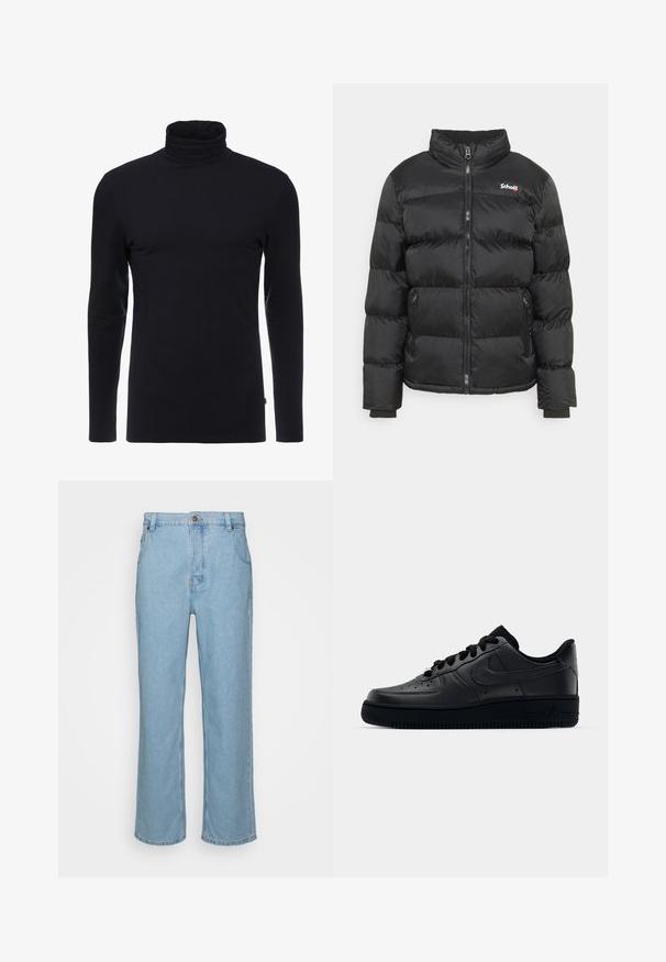 Schott IDAHO - Chaqueta de invierno - black; Camisa de cuello alto negra de manga larga, hecha de una tela suave y elástica. Presenta un diseño ajustado y una textura lisa. Sin patrones ni acentos visibles.; Jeans de denim de color azul claro con un diseño de pierna recta, que cuentan con un cierre de botón, presillas para cinturón y dos bolsillos frontales.; Zapatilla Nike Air Force 1 negra con parte superior de cuero liso, puntera perforada para transpirabilidad, cordones negros y suela de goma texturizada.