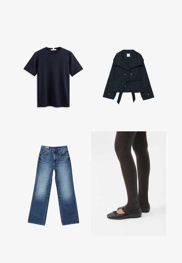 Marineblå cropped jakke med bred krave, dobbeltradede knapper, lange ærmer med knappede manchetter og et bundet bælte i taljen.; Marineblå kortærmet T-shirt lavet af blødt bomuld, med en klassisk rund hals og en afslappet pasform, uden synlig branding eller mønstre.; Blå vidtsiddende jeans i denim med forlommer og møntlomme foran, knaplukning og falmet vask på lår og knæ.; Ben iført mørke ribbede leggings kombineret med sorte balletsko med små sløjfedetaljer på hvid baggrund.
