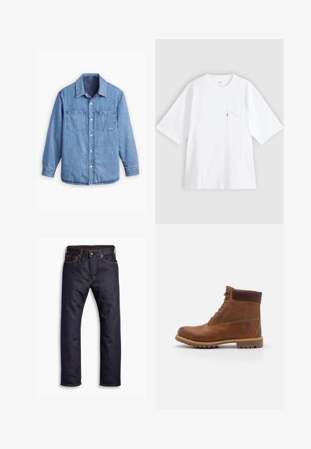 Denimhemd in hellblauer Farbe, mit durchgehender Knopfleiste, zwei Brusttaschen und einem gemusterten dunkelblauen Innenfutter. Mit Kragen.; Weißes Baumwoll-T-Shirt mit kurzen Ärmeln, rundem Ausschnitt und Brusttasche auf der linken Seite. Mit kleinem rotem Logotag an der Tasche.; Dunkelblaue gerade geschnittene Jeans aus Denim mit fünf Taschen und orangefarbenen Kontrastnähten, flach auf einem weißen Hintergrund ausgelegt.; Braune Lederwanderschuhe mit glatter Oberfläche, gepolstertem Knöchel, Metallösen und einer Gummisohle mit robustem Profil.