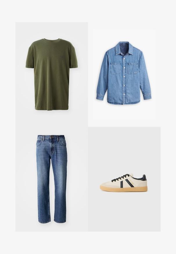 Camisa de denim de color azul claro, con cierre de botones en la parte delantera, dos bolsillos en el pecho y un forro interior de color azul oscuro con un patrón. Incluye un cuello.; Camiseta de color verde oliva en algodón, con mangas cortas, cuello redondo y un pequeño logo impreso en azul oscuro en el lado izquierdo del pecho.; Lee HADEN - Pantalones - cruise control; Zapatillas casuales en crema con rayas negras, con parte superior texturizada y suela de goma. Los cordones son negros. Logo sutil en el costado.