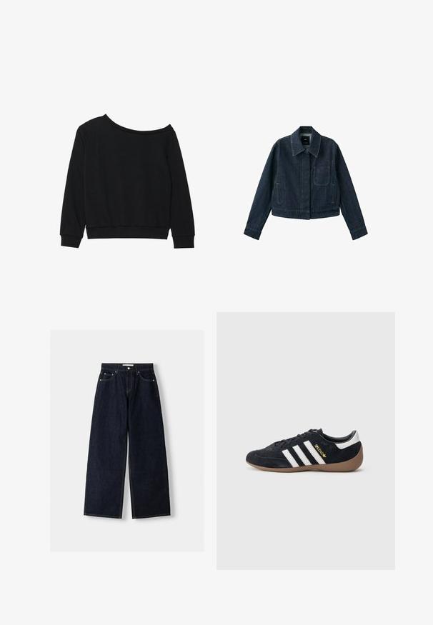 Veste en denim bleu foncé à manches longues, col pointu, poche avant, deux poches latérales et fermeture par boutons cachée sous la patte de boutonnage.; Sweatshirt noir dégageant les épaules, avec des manches longues, des poignets et une taille côtelés en tissu doux et léger. Design simple et sans ornements.; Jean large en denim bleu foncé à taille haute, avec cinq poches, des coutures contrastées et des éléments en métal argenté. Texture lisse et finition soignée.; Baskets en daim noir avec trois bandes blanches, semelle en caoutchouc beige, et un petit logo doré sur le côté. Dotées d'une doublure intérieure noire lisse.