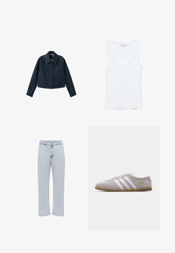 Dunkelblaue Jeansjacke mit langen Ärmeln, spitzem Kragen, Brusttasche, zwei Seitentaschen und Knopfverschluss, der unter der Blende verborgen ist.; Schlichtes weißes ärmelloses Tanktop mit Rundhalsausschnitt, aus weichem Stoff, Etikett im Kragen zeigt Marken- und Größenangaben.; Hellblaue Denim-Jeans mit geradem Bein, ausgestattet mit einem klassischen Knopf- und Reißverschluss und einer leicht abgetragenen Textur.; Graue Wildleder-Sneaker mit weißen Lederstreifen und goldenen Logodetails. Flache Gummisohle, abgerundete Zehenpartie und klassisches Schnürverschlussdesign.