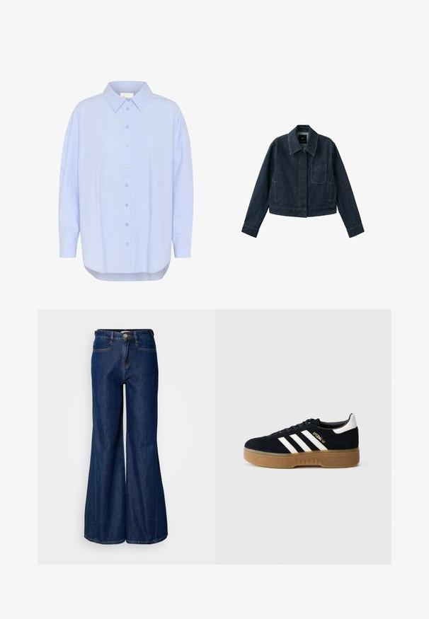 Dunkelblaue Jeansjacke mit langen Ärmeln, spitzem Kragen, Brusttasche, zwei Seitentaschen und Knopfverschluss, der unter der Blende verborgen ist.; Helles blaues, knopfbares Hemd mit spitzem Kragen, langen Ärmeln und abgerundetem Saum. Glatte Textur mit sichtbaren Knopfdetails.; Hochtaillierte, weit geschnittene Jeans aus dunkelblauem Denim mit fünf Taschen und einem metallischen Knopfverschluss. Glatte Textur und subtile Steppdetails.; Schwarzer Wildledersneaker mit weißen drei Streifen und goldfarbenem Logo. Gummisohle mit strukturiertem Grip. Klassisches Low-Top-Design, abgerundete Zehenkappe.