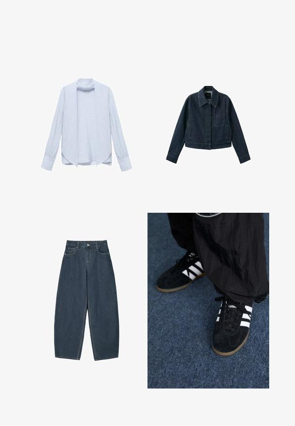 Donkerblauw spijkerjasje met lange mouwen, puntkraag, borstzak, twee zijzakken en knoopsluiting verborgen onder de beleg.; Lichtblauw, langetermijnshirt van textiel met een open voorkant en een subtiele kraag. Heeft gefronste mouwen en een comfortabele pasvorm.; Donkerblauwe denim wijde broek met hoge taille, voorzien van vijf zakken en zichtbare stikseldetails. Schoon, minimaal ontwerp.; Zwarte suède sportschoenen met drie witte strepen en zwarte veters. Een gestructureerde zwarte broek is deels zichtbaar naast de schoenen.