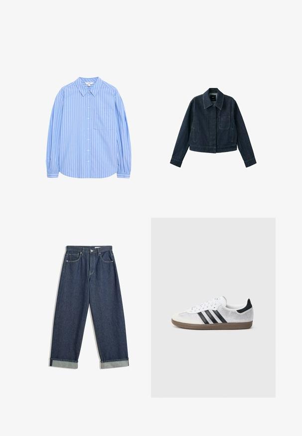 Mørkeblå denimjakke med lange ærmer, spids krave, forlomme, to sidelommer og knaplukning skjult under klappen.; Lys blå langærmet skjorte med knapper, hvide lodrette striber, kravedesign, en lomme på venstre bryst og sammenfaldne ærmer ved manchetterne.; Mørkeblå, vide denimbukser med foldede manchetter, frontknap og lynlås, bæltestropper og fem lommer.; Hvid mesh-sneaker med sorte striber, beige ruskind på tåhætte og hæl, tekstureret gummisål og hvide snørebånd. Klassisk lavtopsdesign.