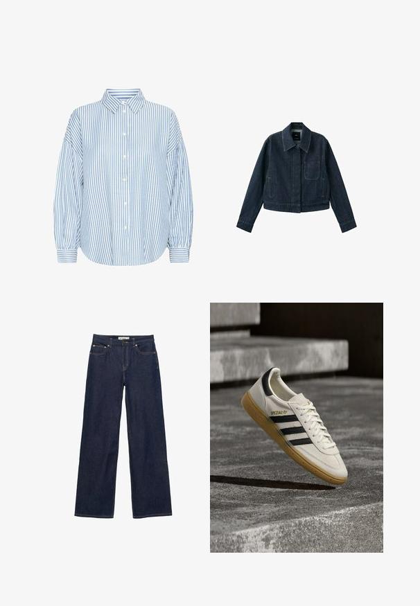 Donkerblauw spijkerjasje met lange mouwen, puntkraag, borstzak, twee zijzakken en knoopsluiting verborgen onder de beleg.; Lichtblauw en wit gestreept overhemd met knopen, met een kraag, losse pasvorm, luchtige mouwen en gefotoreerde polsen. Gemaakt van een lichte stof.; Donkerblauwe straight-leg spijkerbroek met voor- en muntzakken, knoopsluiting en zichtbare stiksels op een witte achtergrond.; Witte Adidas Spezial sneaker met zwarte strepen en gumzool, zwevend boven grijze stenen trappen buiten.