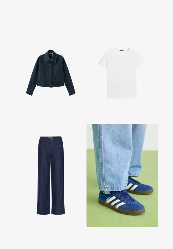 Mørkeblå denimjakke med lange ærmer, spids krave, forlomme, to sidelommer og knaplukning skjult under klappen.; Almindelig hvid T-shirt med korte ærmer, rund halsudskæring og lille sort label inden i kraven.; ICHI IHFlared - Flared jeans - dark blue; Blå ruskindsneakers med hvide striber og teksturerede mønstre, båret med lyseblå denimbukser, sat mod en grøn baggrund.
