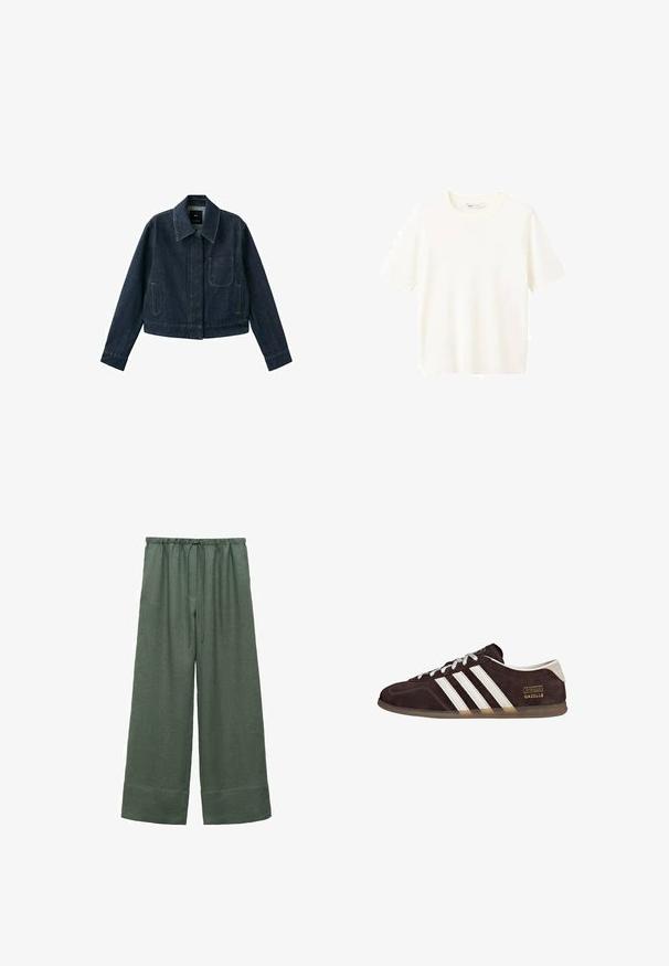 Veste en denim bleu foncé à manches longues, col pointu, poche avant, deux poches latérales et fermeture par boutons cachée sous la patte de boutonnage.; T-shirt à manches courtes et col rond en tissu doux de couleur blanc cassé avec une texture lisse et un ourlet droit. Pas de motifs ou d'ornements visibles.; Pantalons larges en lin vert avec une taille à cordon, présentant une texture lisse et un ourlet cropped.; Baskets en suède marron avec trois bandes blanches, semelle en caoutchouc, et étiquette avec le texte "Gazelle" en or. Fermeture à lacets avec lacets gris.