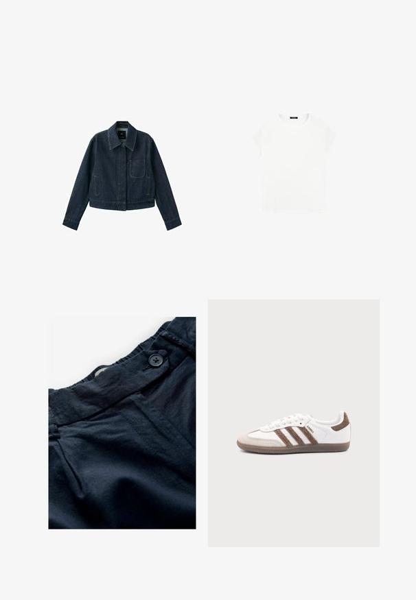 Mørkeblå denimjakke med lange ærmer, spids krave, forlomme, to sidelommer og knaplukning skjult under klappen.; Hvid bomulds t-shirt med rund halsudskæring og korte ærmer. Enkel design, ingen mønstre eller accenter. Blød, glat tekstur.; Marineblå bukser lavet af letvægtsstof med flad talje, knaplukning og subtil tekstur. Har lommer og sømdetaljer.; Hvid Adidas Samba sneaker med brune ruskindstriber, brun gummisål og beige ruskindståhætte, vist fra ydersiden på en ensfarvet baggrund.