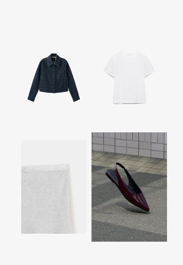 Veste en denim bleu foncé à manches longues, col pointu, poche avant, deux poches latérales et fermeture par boutons cachée sous la patte de boutonnage.; T-shirt blanc uni à manches courtes et col rond, avec un ourlet droit, présenté sur un fond blanc.; Gros plan d'un tissu tricoté blanc montrant des points fins et réguliers ainsi qu'un bord ourlé sur un fond clair uni.; Chaussure plate slingback en cuir verni marron avec bout pointu flottant au-dessus d'un trottoir texturé près d'un mur carrelé.