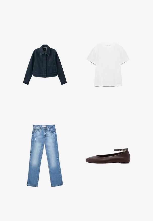 Donkerblauw spijkerjasje met lange mouwen, puntkraag, borstzak, twee zijzakken en knoopsluiting verborgen onder de beleg.; Effen wit T-shirt met korte mouwen en ronde hals, met een rechte zoom, gepresenteerd tegen een witte achtergrond.; Lichtblauwe denim jeans, recht model, vervaagde gebieden en subtiele slijtage. Voorzien van vijf zakken en een klassieke knoopsluiting.; Donkerbruine platte schoen met afgeronde neus en verstelbare enkelband met zilveren gesp op witte achtergrond.