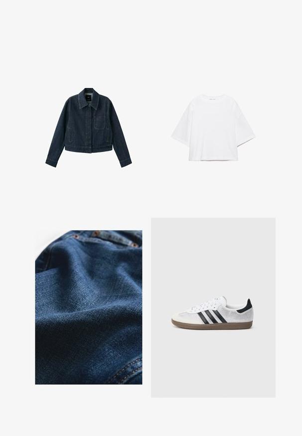 Donkerblauw spijkerjasje met lange mouwen, puntkraag, borstzak, twee zijzakken en knoopsluiting verborgen onder de beleg.; Wit, kort mouw, boxy t-shirt gemaakt van zacht katoen. Heeft een ronde hals en brede mouwen, met een strak, eenvoudig ontwerp.; Denimstof in donkerblauw, met een gladde textuur en subtiele geweven variaties, en contrasterende stikseldetails.; Witte mesh sneaker met zwarte strepen, beige suède neuskapje en hielaccent, gestructureerde rubberen zool en witte veters. Klassiek ontwerp met lage schacht.