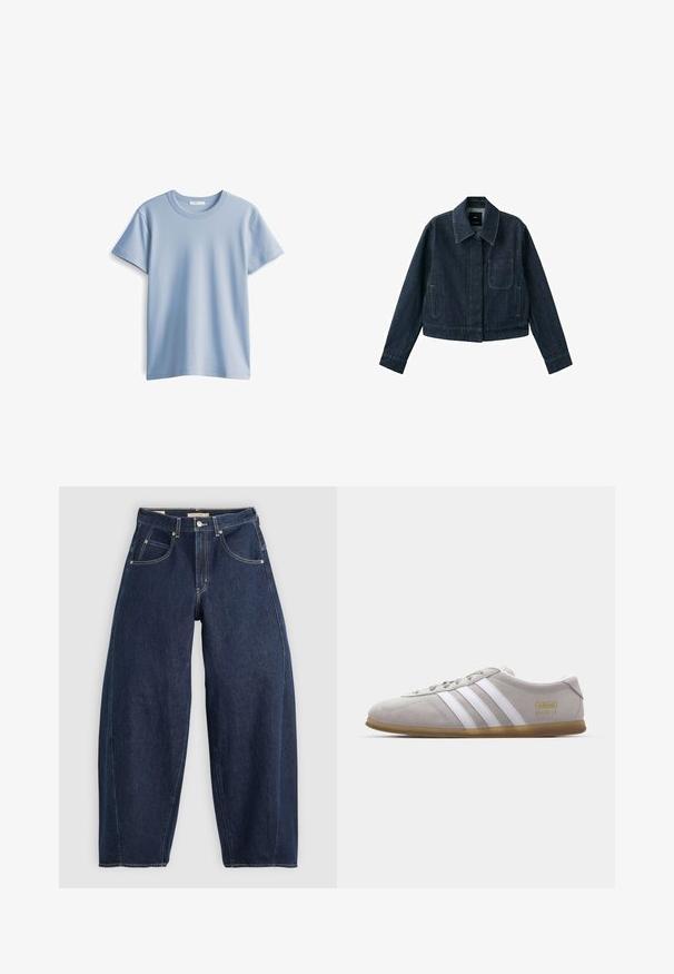 Dunkelblaue Jeansjacke mit langen Ärmeln, spitzem Kragen, Brusttasche, zwei Seitentaschen und Knopfverschluss, der unter der Blende verborgen ist.; Himmelblaues Baumwoll-T-Shirt mit rundem Halsausschnitt und kurzen Ärmeln. Glatte Textur und gerader Saum, einfaches und klassisches Design.; Dunkelblaue Denim-Jeans mit lockerer Passform, heller Naht, fünf Taschen und einem Knopfverschluss am Bund.; Graue Wildleder-Sneaker mit weißen Lederstreifen und goldenen Logodetails. Flache Gummisohle, abgerundete Zehenpartie und klassisches Schnürverschlussdesign.