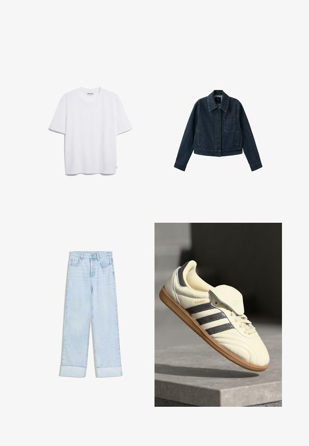 Donkerblauw spijkerjasje met lange mouwen, puntkraag, borstzak, twee zijzakken en knoopsluiting verborgen onder de beleg.; Witte katoenen t-shirt met korte mouwen, een ronde halslijn en een losse pasvorm. Geen zichtbare patronen of logo's. Zachte textuur.; Lichtblauwe spijkerbroek met een hoge taille, rechte wijdere pijpen, omgeslagen zoom en twee voorzakken. De stof heeft een licht verweerde uitstraling.; Crème leren sneaker met drie donkere strepen, een bruine gumrubberen zool en een ronde neus. Voorzien van een opvouwbare tong met het label "SAMBA."