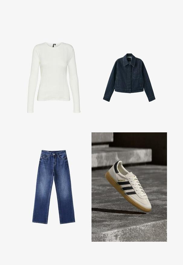 Mørkeblå denimjakke med lange ærmer, spids krave, forlomme, to sidelommer og knaplukning skjult under klappen.; Hvid langærmet skjorte med rund halsudskæring. Stoffet har et struktureret mønster med lodrette linjer og ribbede detaljer.; Blå denimjeans med vide ben, forreste knap og lynlås, bæltestropper og fem lommer på en hvid baggrund.; Hvid Adidas Spezial sneaker med sorte striber og gummisål, svævende over grå stentrin udendørs.