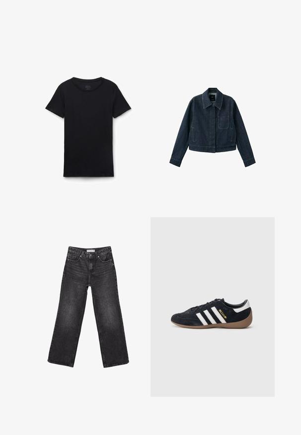 Mørkeblå denimjakke med lange ærmer, spids krave, forlomme, to sidelommer og knaplukning skjult under klappen.; Sort t-shirt med korte ærmer og rund hals lagt fladt på hvid baggrund, der viser forfra og glat stoftekstur.; Sorte jeans med vide ben, forlommer og knaplukning, størrelsesmærke 38 synligt på taljen.; Sort ruskindssneaker med tre hvide striber, gummisål og et lille gyldent logo på siden. Har en glat sort foring indvendigt.