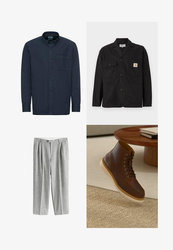 Vorderansicht einer schwarzen Arbeitsjacke aus Baumwolle mit klassischem Kragen, zwei Brusttaschen und einer vorderen Knopfleiste.; Marineblaue Button-Down-Hemd aus Baumwolle. Verfügt über einen klassischen Kragen, lange Ärmel, eine einzelne Brusttasche und dezente Nähdetails.; Hellgraue Anzughose mit Falten, Seitentaschen, Gürtelschlaufen und einem Knopfverschluss an der Taille, vor weißem Hintergrund präsentiert.; Braune Leder-Ankle-Boots mit beiger Sohle auf einem strukturierten beigen Teppich neben einem runden Holztisch mit gestapelten Büchern.