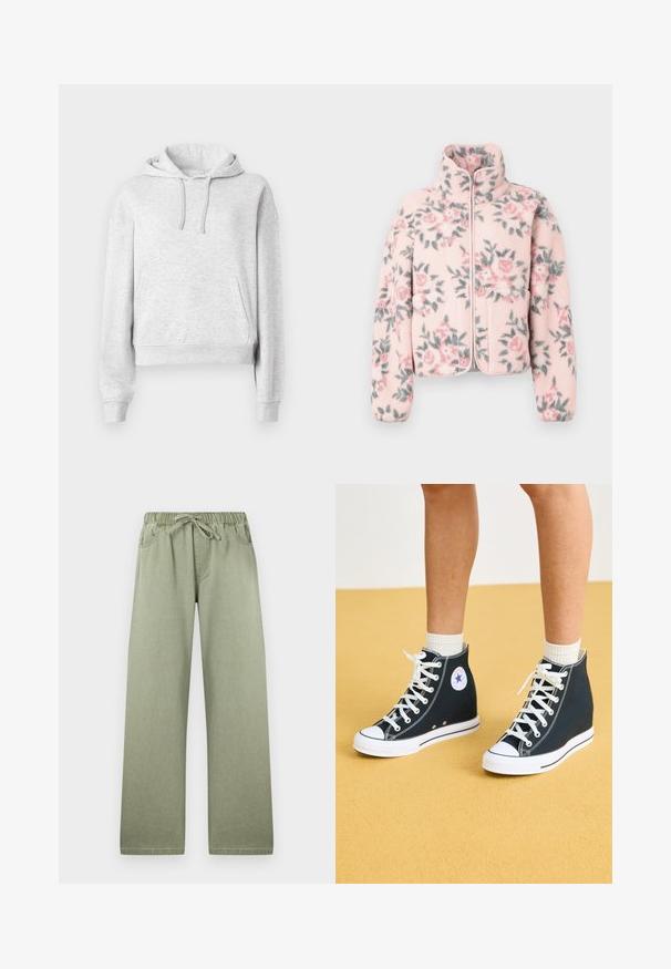 Fleecejakke med høj krave, med en pink bundfarve og blomsterprint i pink og grønne nuancer. Lynlås foran og sidelommer.; Lysegrå langærmet hættetrøje med forlommer, snørre i hætten, ribkanter ved ærmer og kant, vist på en ensfarvet hvid baggrund.; Lysegrønne bukser med vide ben, elastisk talje og snøre, frontlommer og diskrete syningsdetaljer.; Høje sneakers i mørkeblåt kanvas med hvide gummisåler, snørebånd og detaljer. Har et rundt logo og hvide syninger.