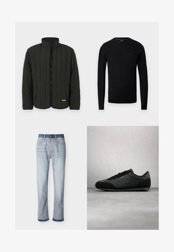 Veste matelassée vert foncé avec un design matelassé, col montant, fermeture éclair à l'avant et deux poches latérales. Logo jaune "HUGO" sur la gauche.; Pull noir à manches longues pour homme avec col rond, texture subtile sur les épaules et logo "BOSS" sur la poitrine à gauche.; Jean denim bleu clair avec une ceinture bleu foncé, coupe droite, cinq poches et détails de couture visibles.; Baskets noires en cuir à texture lisse, dotées d'une conception basse, d'un bout rond et d'un laçage frontal. Étiquette de marque bleue présente.