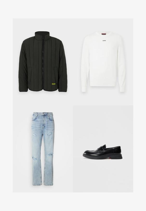 Mørkegrøn polstret jakke med quiltet design, høj krave, frontlynlås og to sidelommer. Har gul "HUGO"-logo på venstre side.; Hvid strikket sweater med rund hals og lange ærmer. Lille sort "HUGO" logo placeret på brystet. Blød tekstur med ribstrikkede manchetter.; Lysvaskede denimjeans med en afslappet pasform, der har slidte områder og frynsede kanter. Stoffet har en blød, glat tekstur.; Sorte læder loafers med en glat finish, der har en hævet frontpanel og en kontrasterende rød detalje på sålen. Flad gummisål.