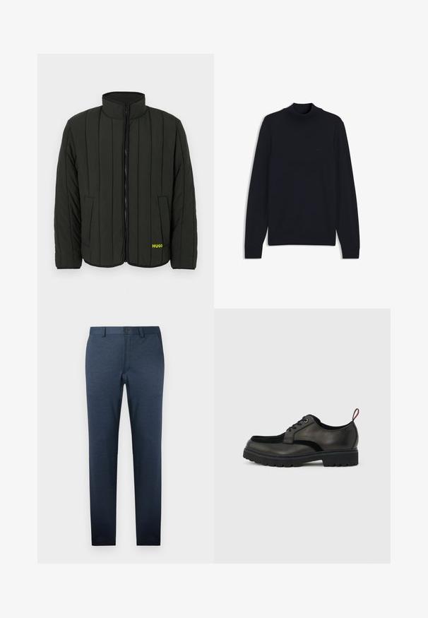Σκούρο πράσινο μπουφάν με επένδυση και κεντητή σχεδίαση, ψηλός γιακάς, εμπρόσθιο φερμουάρ και δύο πλαϊνές τσέπες. Διαθέτει κίτρινο λογότυπο «HUGO» στην αριστερή πλευρά.; Μαύρο πουλόβερ με μακριά μανίκια, ριμπ ύφανση στον λαιμό στυλ mock, στα μανίκια και στη μέση, με διακριτικό ανάγλυφο λογότυπο στο στήθος.; Σκούρο μπλε παντελόνι από υφαντή ύλη, με στενή εφαρμογή, επίπεδο μπροστινό μέρος και μία κουμπότρυπα στη μέση.; Μαύρο δερμάτινο παπούτσι με κορδόνια, παχύ σόλα με αυλακώσεις και κόκκινη ταινία στο πίσω μέρος της φτέρνας, εμφανίζεται σε πλαϊνή όψη σε ανοιχτό γκρι φόντο.