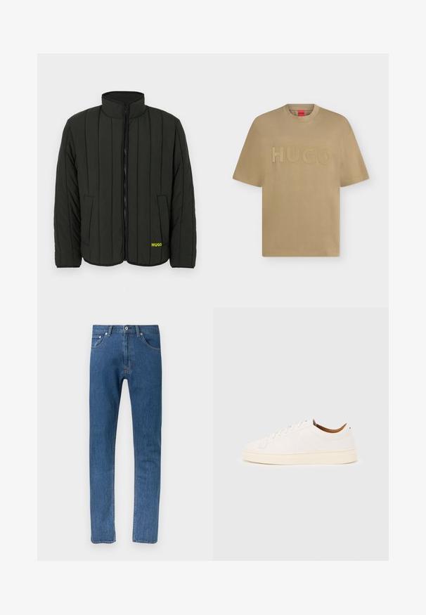 Veste matelassée vert foncé avec un design matelassé, col montant, fermeture éclair à l'avant et deux poches latérales. Logo jaune "HUGO" sur la gauche.; T-shirt beige à manches courtes avec col rond et logo embossé "HUGO" centré sur la poitrine.; Jean en denim bleu à coupe droite, avec cinq poches, accessoires métalliques et coutures contrastées. Texture lisse avec un design classique.; Baskets blanches basses avec un design à lacets, des détails de couture minimalistes, et une semelle couleur crème sur un fond gris clair.